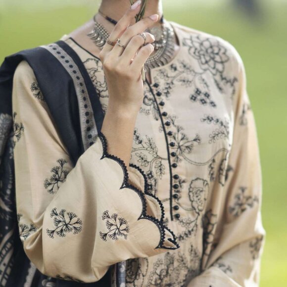 Pakistani Casualite Khamoshi Embroidered Linen Beige Black 3pc suit - Picture 2 of 9
